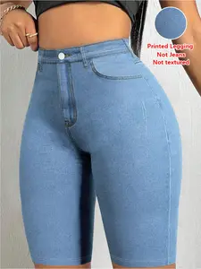Women's Printed Skinny Pants Non-Denim Fabric, Ladies Half-Length Shorts, Faux Denim Print Bottoms, All Seasons Clothing