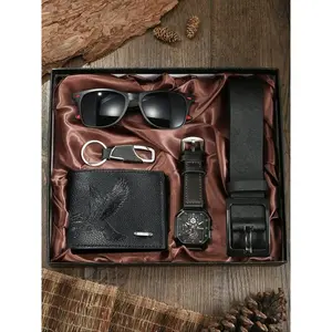 Men’s Watch Set 5 Pieces, Fashion Business Quartz Watch + Wallet + Belt + Sunglasses + Keychain Gift Box, Perfect for Holidays & Gifts