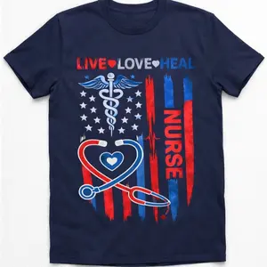 Live Love Heal Nurses Tee - American Flag Design with Stethoscope and Heart Symbol