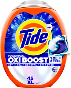 Tide Oxi Boost Power PODS Laundry Detergent Pods, 45 Count, HE Compatible, Stain Remover Plus Oxi Power, Removes Tough Set-In Stains