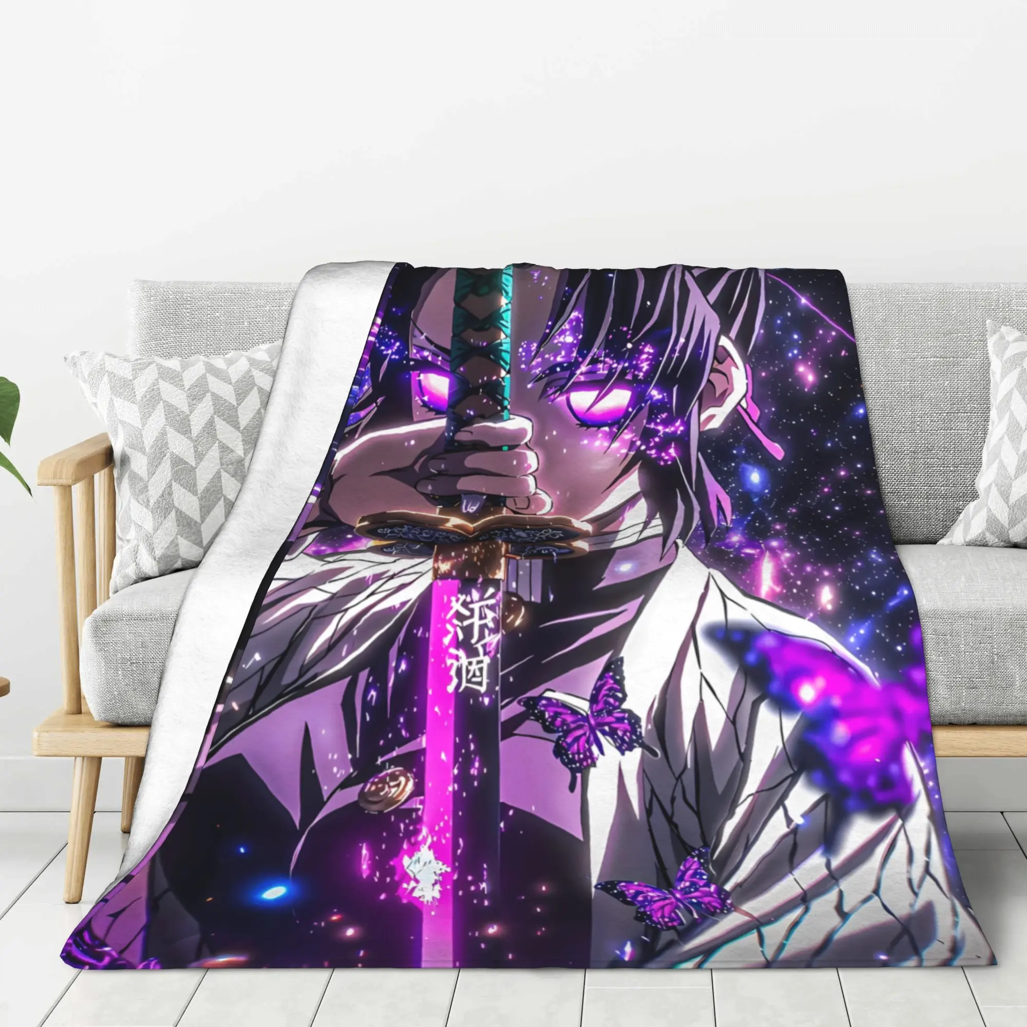Demon Slayer Shinobu Kocho Flannel Blanket Anime Ultra Soft Cozy Throw for Bedroom Couch Ideal Gift for Anime Lovers