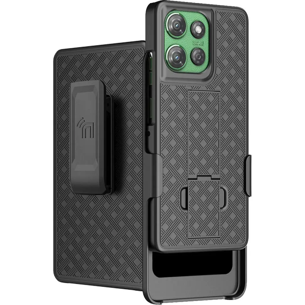Case with Clip for Motorola Moto G Power 5G (2025), Nakedcellphone Slim Hard Shell Phone Cover with Kickstand and [Rotating/Ratchet] Belt Hip Holster Combo - Black