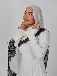 Women's Soft Breathable Jersey Hijab Scarf, Geometric Cut Out Design, Contrast Lace Edge, Comfortable Wear, Stylish Boho Style