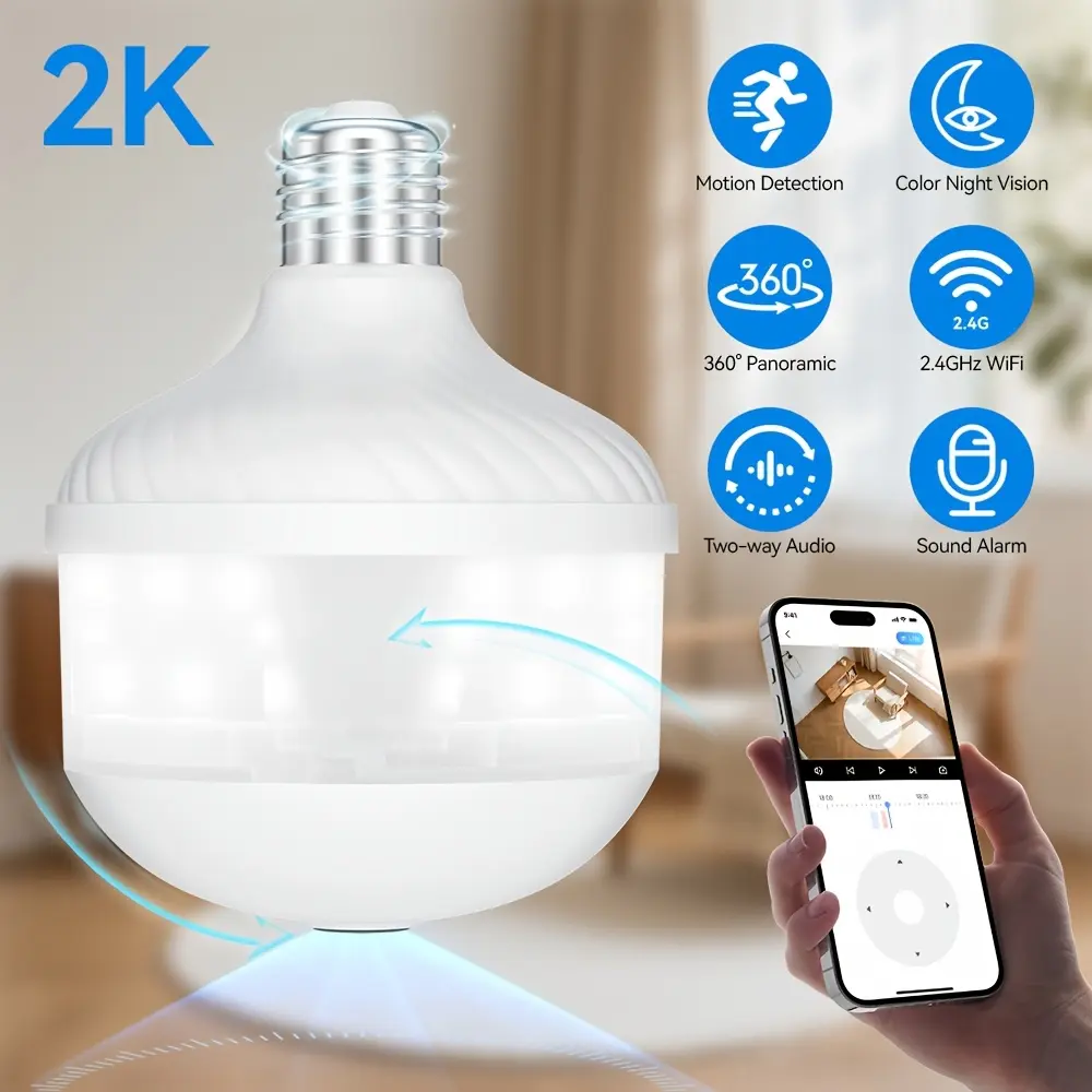 This 2K ultra-high-definition 2.4GHz WiFi bulb surveillance camera supports 360° panoramic monitoring and built-in LED lighting, making it suitable for indoor use. It also supports full-color night vision and two-way audio.