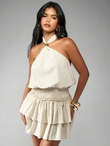 MISSGUIDED Halter Neck Mini Dress With Ruffle Tier Skirt Summer Party Evening Wedding Guest Gathered Waist Special Occasion Flowy Dress