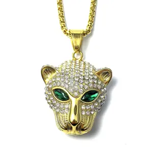 Stainless Steel Iced Out Green Eyes Panther Leopard Head Bling Charm Pendant Chain Necklace for Men Women Gift Fashion Jewelry Hip Hop