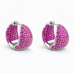 14K Gold/Platinum Plated Fuchsia Bold Dome Pavé CZ Hoop Earrings