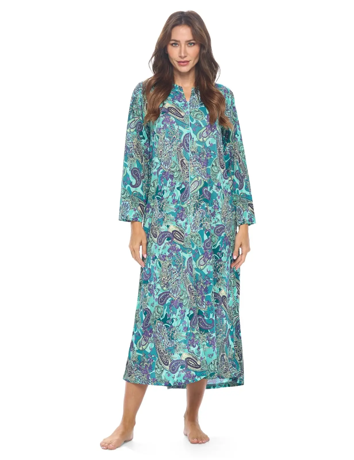 Casual Nights Women's Soft Stretch Duster Robe, Long Zip-Front Lounger Housecoat with Pockets, Hospital Gown and Nightwear
