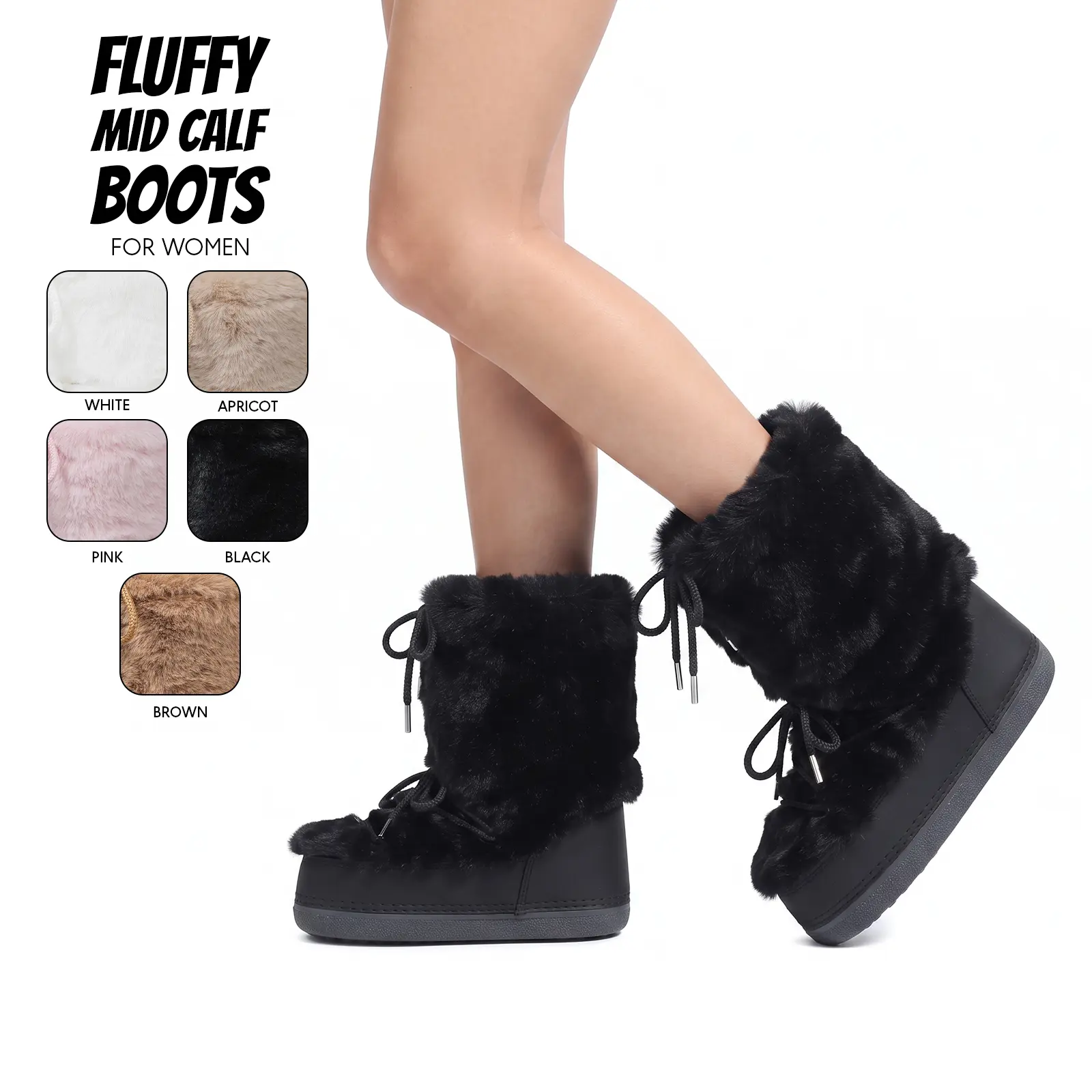 Womens Faux Fur Boots Mid Calf Plush Platform Heel Round Toe Lace Up Boots Cozy Fluffy Fashion Booties Non Slip Comfortable Casual Outdoor Festival Work Dress Shoes