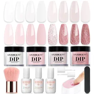 AZUREBEAUTY Dip Powder Nail kits Starter, Nude Pink Glitter Neutral Skin Transparent, 4 pcs Dipping Powder Set All Seasons, French Nail Art 12 PCS