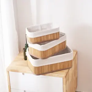 Set of 3 Natural Bamboo Storage Baskets with Linen Liner, Nestable Rectangular Organizer Bins for Home Organization, Kitchen & Closet Storage