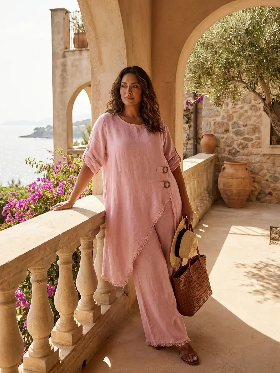 Women's ESYAZO Italian Linen 2-Piece Set - Top Statement Beach Club Lunches Outfit with Asymmetric Fringed Longline Tunic, Wide-Leg Palazzo Pants, Button-Tabs, One Size