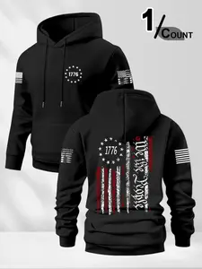Men's Stretch Hooded Sweatshirt, Soft Fleece Polyester Fabric, Casual Long Sleeve, Loose Fit, American Flag 1776 Design, Fall & Winter Wear