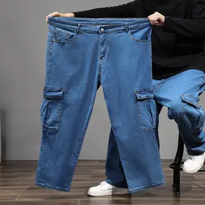 Heavy Duty Multi-Pocket Cargo Jeans for Big Men Dark Blue Stretch Relaxed Fit Work Pants Plus Sizes Comfortable Loose Fit