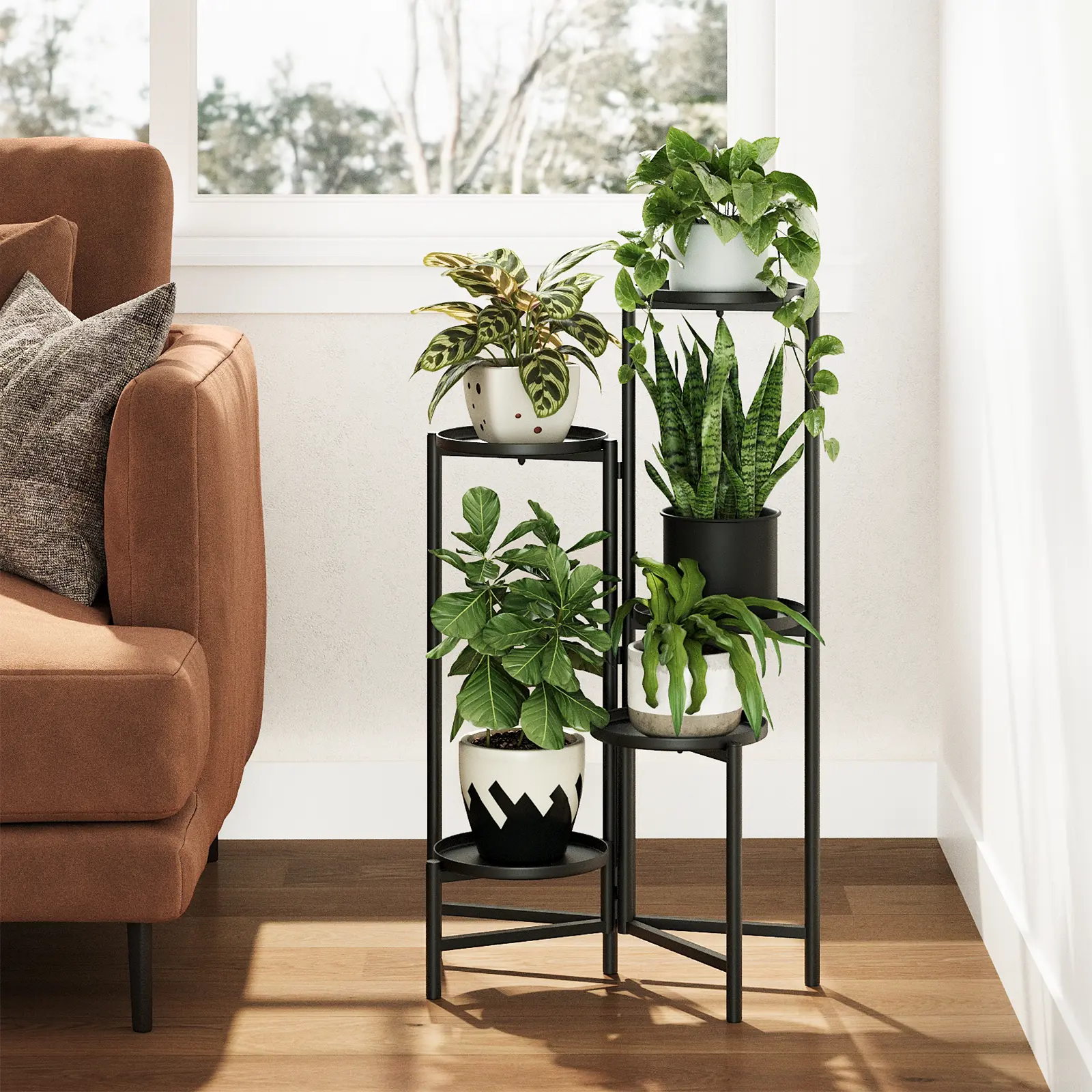Bamworld 5-Tier Design Raised Planter Holder for Houseplants, Indoor-Outdoor Garden Rack, Black Potted Plant Accessories Stand for Gardening Enthusiasts’ Living Room, Veranda