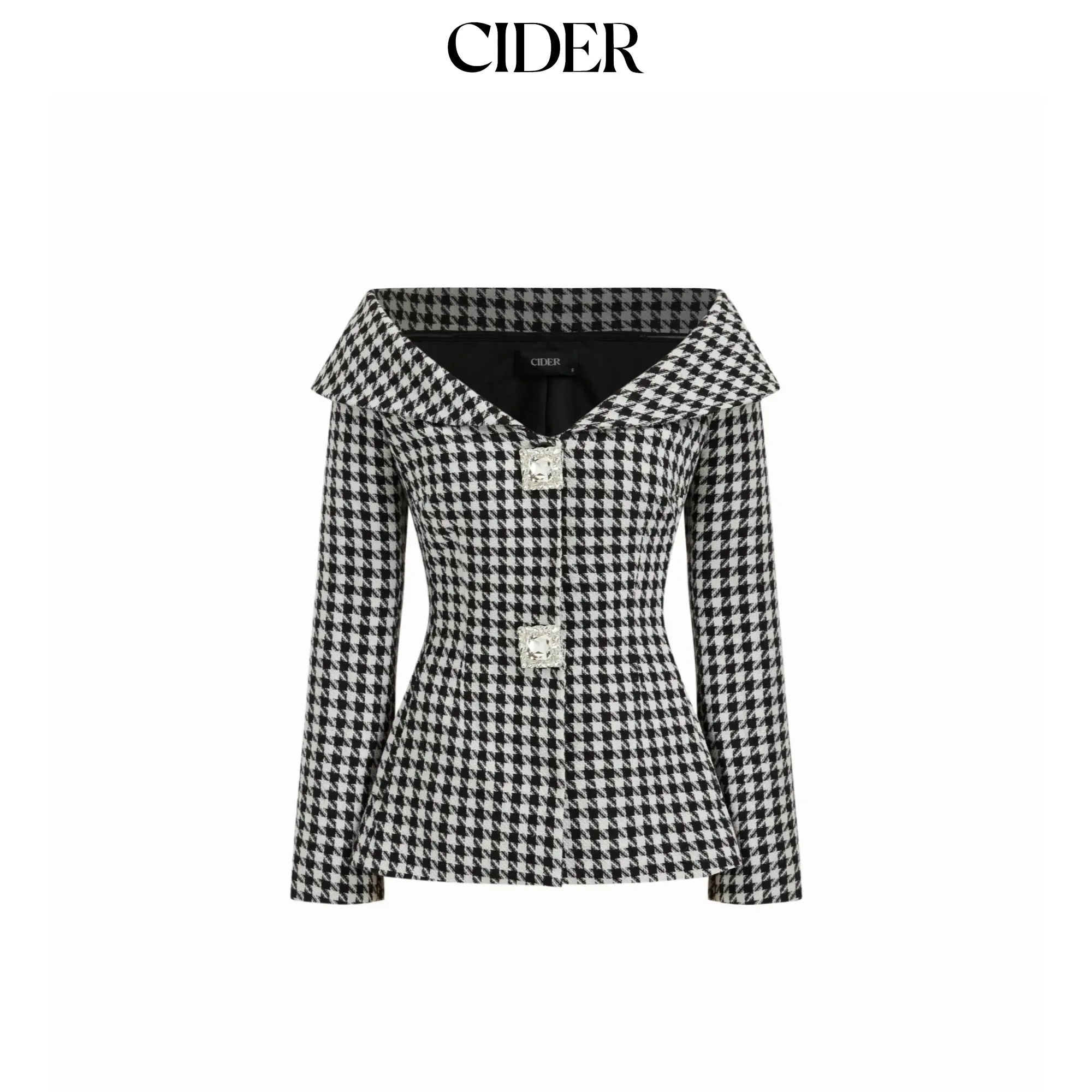 Cider Women's Chic Houndstooth Tweed Blazer with Rhinestones, Collared Neck, Cinched Waist, Long Sleeve Button Closure