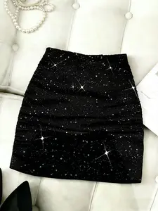 Women's Spring Summer Fashion Silver Color Sequins Waist Cinching Short Skirt, Comfortable Sexy Bodycon Ultra-Short Dress for Date Night Party