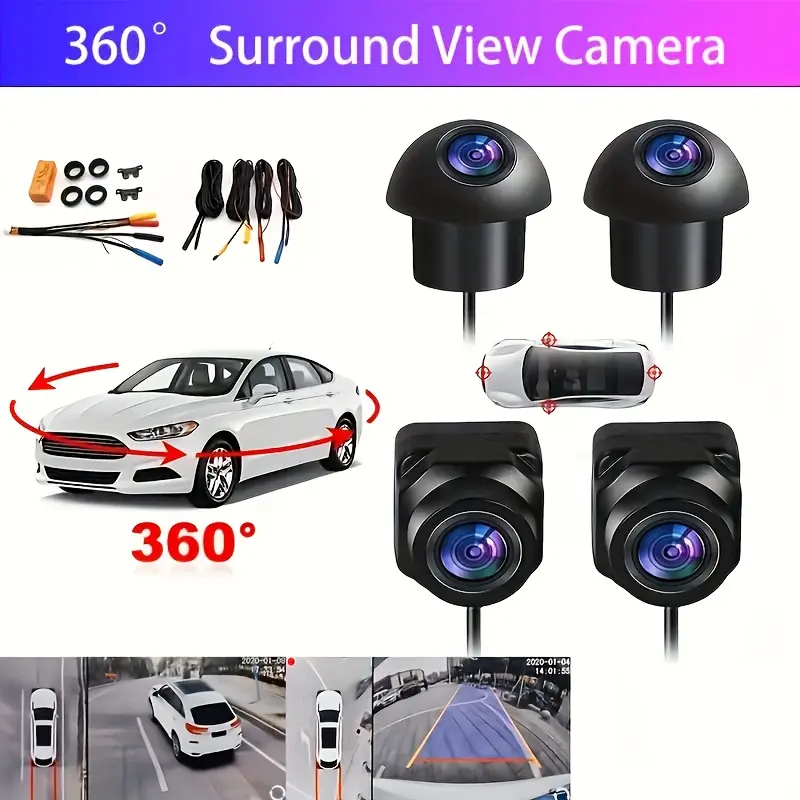 360-Degree Panoramic Car Camera System with HD Night Vision - Front, Rear, Left + Right 4-Channel Surround, Bird's-Eye View Backup, Parking Assist, Compatible with Android Car Stereos, Car Electronics