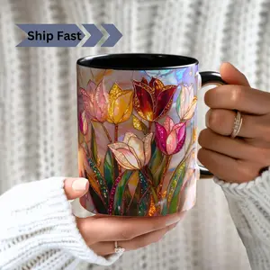 Stained Glass Print Tulip Mug: Floral Art Coffee Cup, Botanical Lover Gift