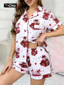 2-piece Valentine's Day women's white background with red heart, red bow, coffee cup, book printed pattern, short sleeved shorts, soft and comfortable top, small pocket, elastic waistband, home daily casual women's sleepwear set