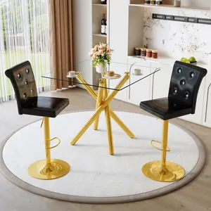 3 Pcs Bar Table Set, Modern Glass Bar Table and Adjustable Bar Stools Set of 2, Contemporary Counter Height Pub Table with Gold Chrome Legs, Black PU Leather Swivel Bar Chairs for Kitchen Island, Home Bar, Small Space