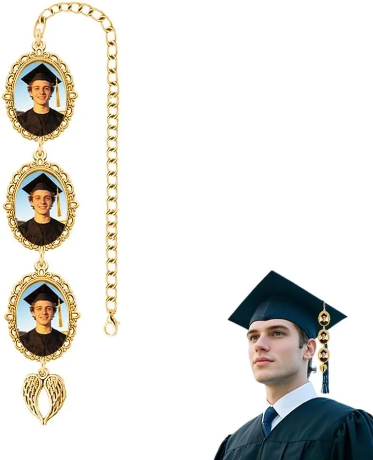 Gold Tassel Charms for Graduation Cap Tassel Memorial Photo Charm for Grad Cap Decor Personalized Graduation Tassel Photo Charm with Angel Wings Memory Tassel Picture for Graduation Cap Decorations