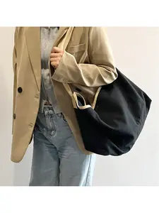 Women Black Tote Bag Large Capacity Commuter Bag Autumn Winter Color Block Canvas Bag Student Schoolbag Fashion Casual Daily Use Handbag for Work Shopping Travel