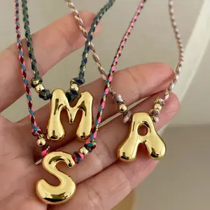 Handmade Balloon Initial Necklace – Color Cord A–Z Letter Stainless Steel Chunky Pendant