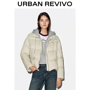 URBAN REVIVO Women's Chic 2-in-1 Adjustable Drawstring Down Jacket, Long Sleeve Top with Graphic Tee-Inspired Accents, Casual Stylable Fit for Jeans (UYY150082)