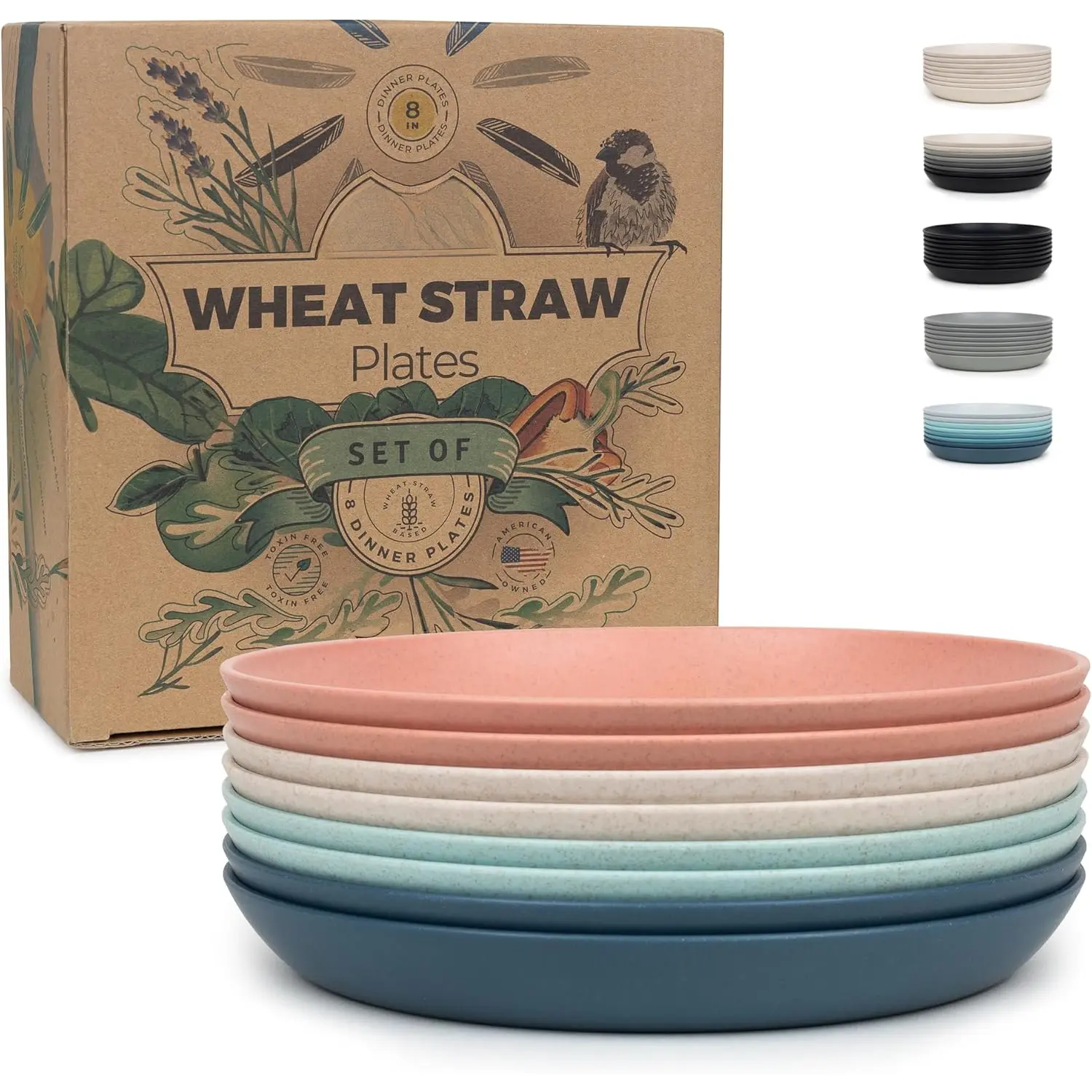 Wheat Straw Dessert Plates - 8 Inch Reusable Hard Plastic Plates Set of 8 - Unbreakable Microwave Safe Plates for Dinner, Camping, RV, Outdoors, Patio, Kitchen Dishes - Tropical