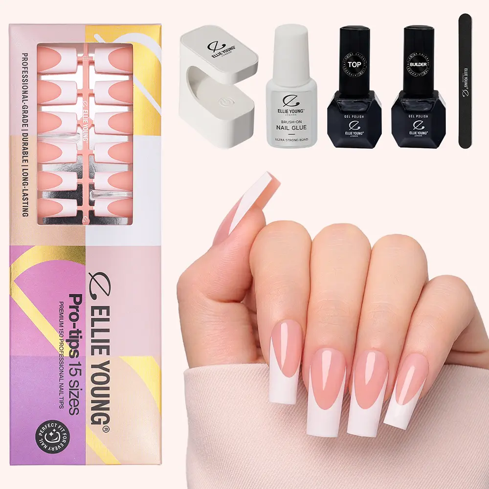 [ ProTips-French Kit ] PRO-TIPS 150pcs Nude Long Square French Nail Tip, 15 Sizes Press-On Nails, Gel Acrylic Nail Extensions for Easy DIY, Ellie Young