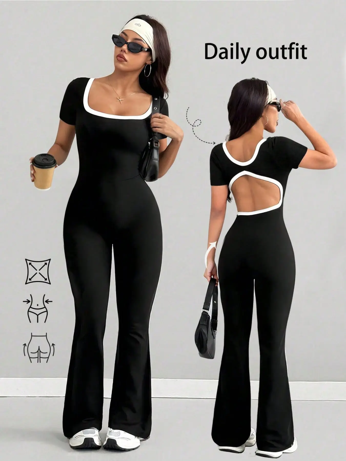 Women's Fashion Color-Contrast Backless Cutout Jumpsuit with Stripes, Fitted Spring and Fall with Flared Pants for Casual Daily Wear and Light Sports