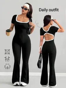 Women's Fashion Color-Contrast Backless Cutout Jumpsuit with Stripes, Fitted Spring and Fall with Flared Pants for Casual Daily Wear and Light Sports
