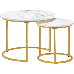 Round Nesting Coffee Table Set of 2, Modern Marble  Wooden Nesting Tables, Stacking Minimalist End Table for Living Room Bedroom Small Space, White &