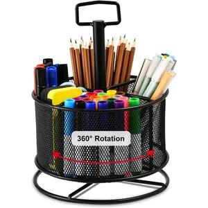 Mesh Desk Organizer, 360-Degree Rotating Multi-Functional Pen Holder, 4 Compartments Desktop Stationery Organizer, Home Office Art Supply Storage Box Caddy (Black)