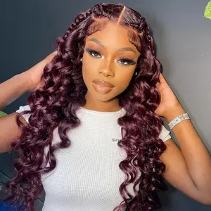 Burgandy Wig Long Deep Wave Wig Pre-plucked Hairline Heat Resistant Synthetic Glueless Wig for Women
