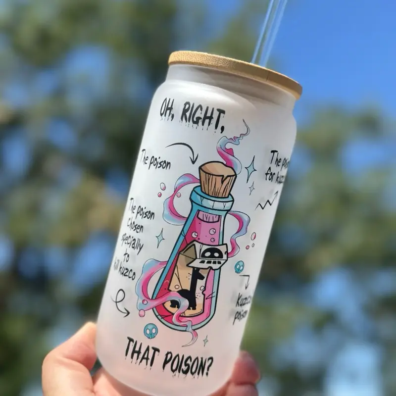 Kuzco's Poison Glass Cup with Lid, Reusable Washable Kitchen Drinkware, Chilling Glasses