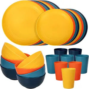 32 count Wheat Straw Dinnerware Sets,Plastic Plates and Bowls Sets for 8 Unbreakable Plates and Bowls Sets Dishwasher Safe Microwave Safe Fun Colors  for Cooking Family Camping Picnics