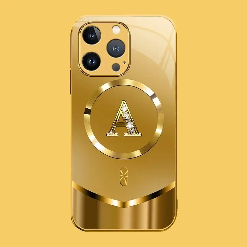 Suitable for [iPhone 13 Pro] high-end MagSafe phone case🥰，Luxury Gold 26 Initial phone Case Bling Monogram 952