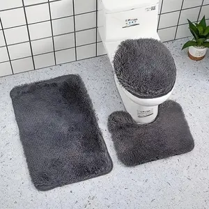 Minimalist Solid Color Bathroom Mat 3-Piece Set, Toilet Lid Cover, U-Shaped Toilet Mat and Floor Mat, Absorbent