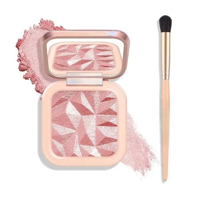 Pink Highlighter Palette, High Glossy Face Illuminator Palette, Natutal Glow Finish, Pearl Shimmer Smooth Baked Powder, Lasting Sparkling Highlighter Blush Makeup-PINK