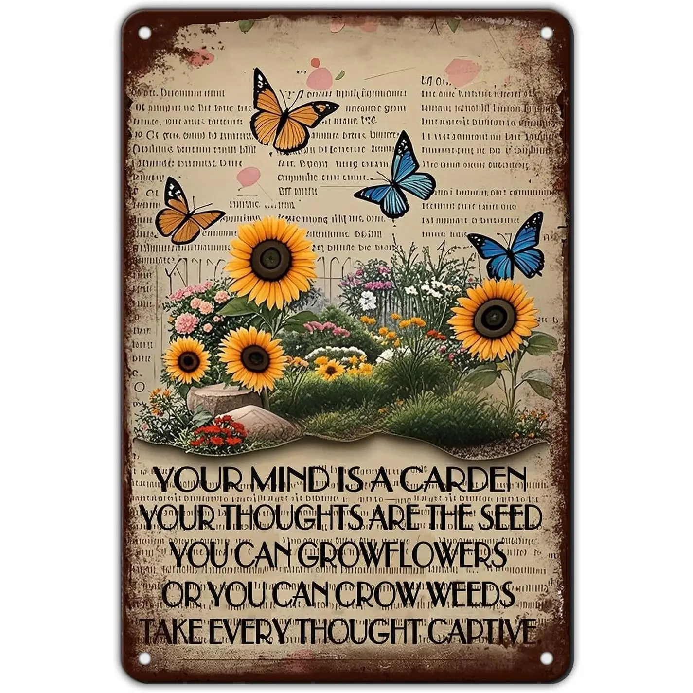 Vintage Tin Metal Sign - "Your Mind is A Garden" Farmhouse Wall Decoration, Smooth Satin Home Supplies Plaque for Home Kitchen, 12x8 in Retro Iron Art
