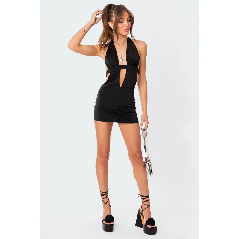 Alissea Keyhole Linen Blend Mini Dress Black Polka - TikTok Shop