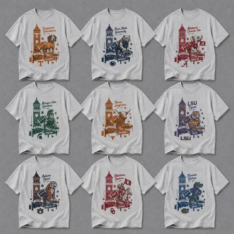 Vintage College Football Fan T-Shirt Retro Mascot Graphic Tee Distressed Stadium Pride Shirt All Team Inspired Sports Apparel Game Day Gift for Men Women Premium Casual Graphic Clothing