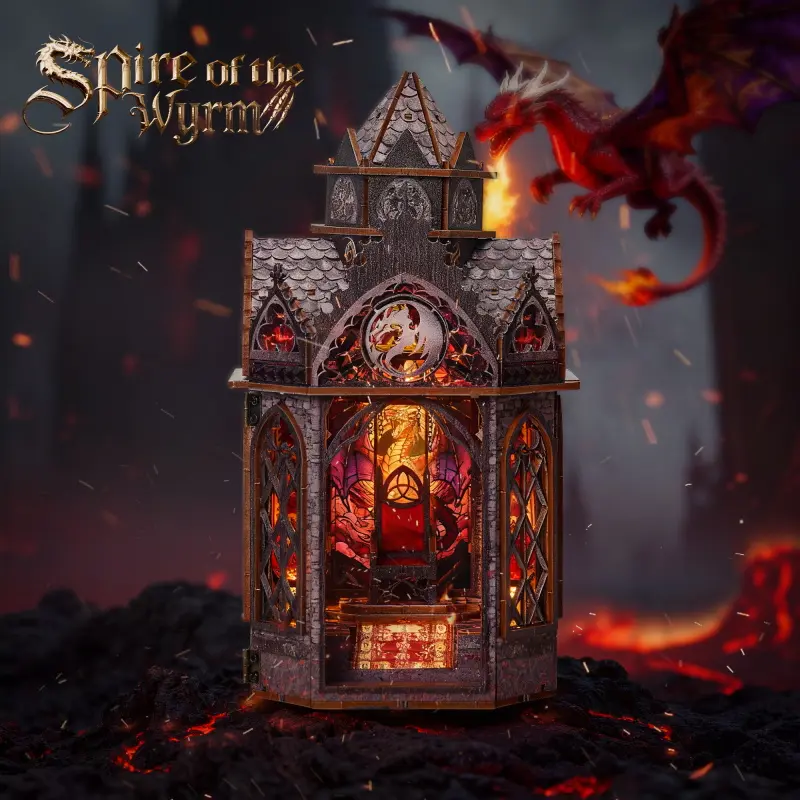 Handmade 3-Dimensional Gothic Wooden Building Wood Craft Kit - SPIRE OF THE WYRM Vampire Castle Miniature Model, LED Nightlight DIY Decor, Collectibles for Puzzle Lovers, House Decoration Item