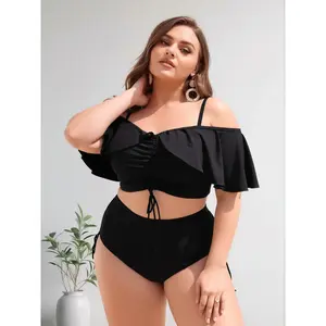 Sexy Black Plus Size Off Shoulder Bikini - Ruffle Flounce Sleeve Drawstring Ruched Front Design - High Waisted Side Tie Tummy Control Two Piece Bathing Suit with Padded Bra for Beach Poolside 2026