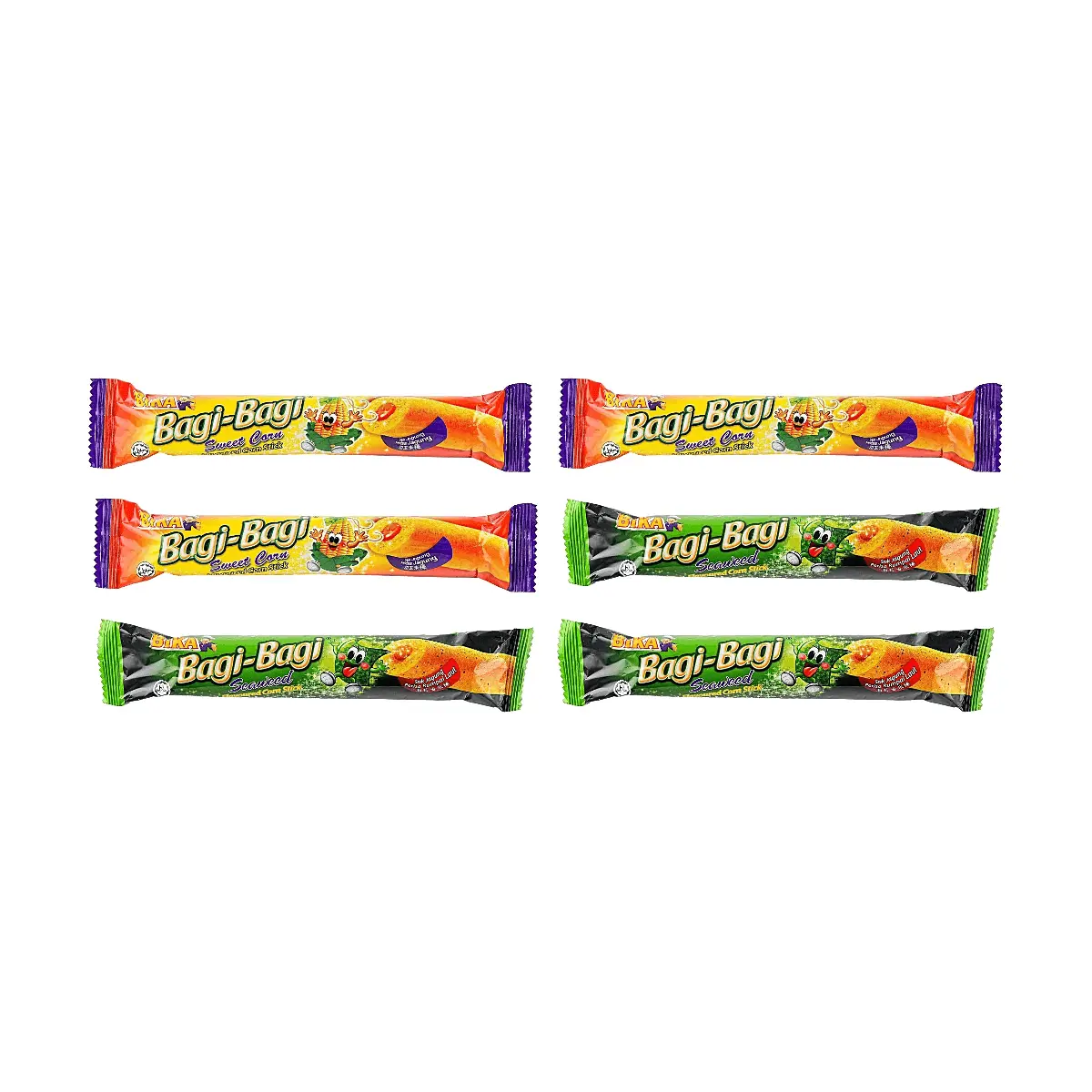 BIKA Crispy Sweet Corn Snacks & Seaweed Corn Sticks Combo Pack - 6 x 60g Bags - Malaysian Savory & Sweet Flavors