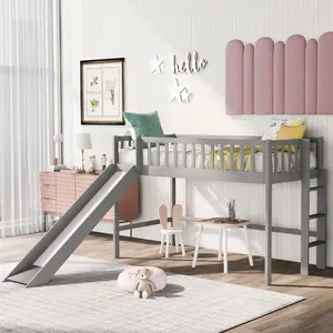 Twin Loft Bed with Slide, Solid Wood Low Loft Bed Girls Boys (Twin Size, Gray)Multifunctional combination two-layer double small apartment children's bunk bed all solid wood modern simple mother-and-child bunk bed