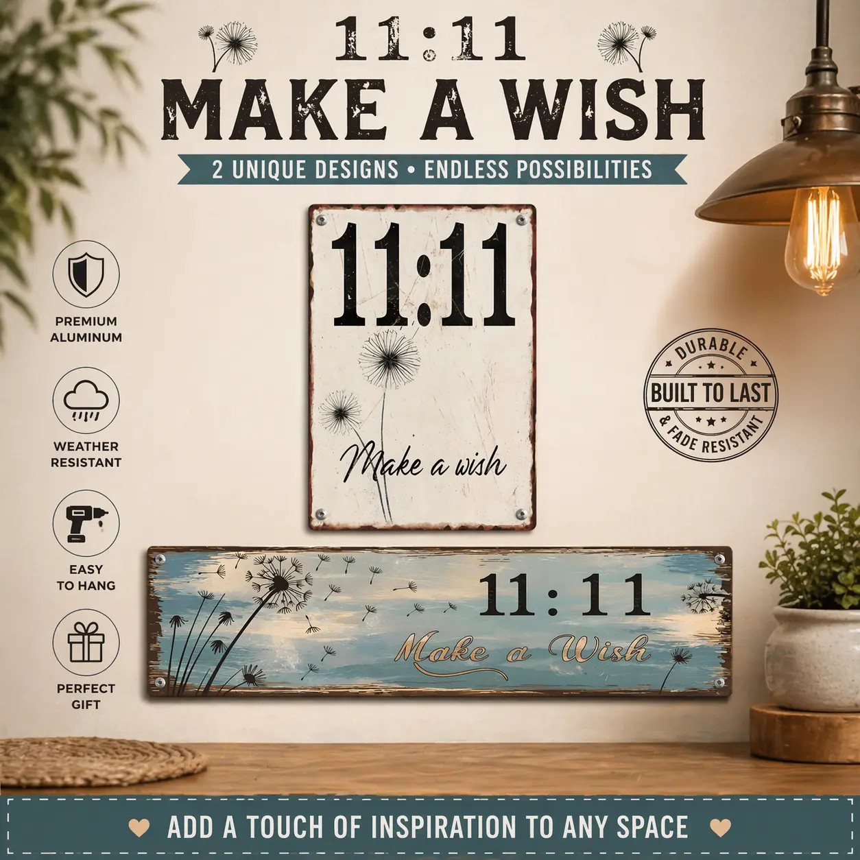 "11:11 Make A Wish" Aluminium Dandelion Flower Rectangle Metal Wall Decor Plaque - 8x12 in, 4x16 in Retro Rustic Farmhouse Artistic Home Decor, Universal Space-Saving Sign for Vintage Rooms, Outdoors