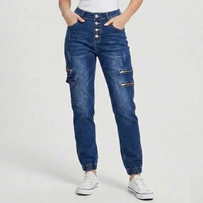 Women's High Waisted Skinny Cargo Jogger Jeans, Stretchy Denim with Tummy Control and 6 Flap Pockets
